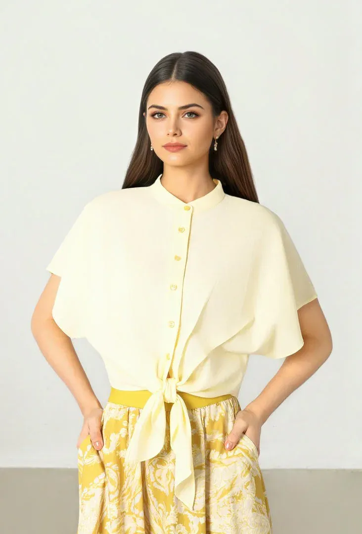 Tie Hem Blouse - Light Yellow / L