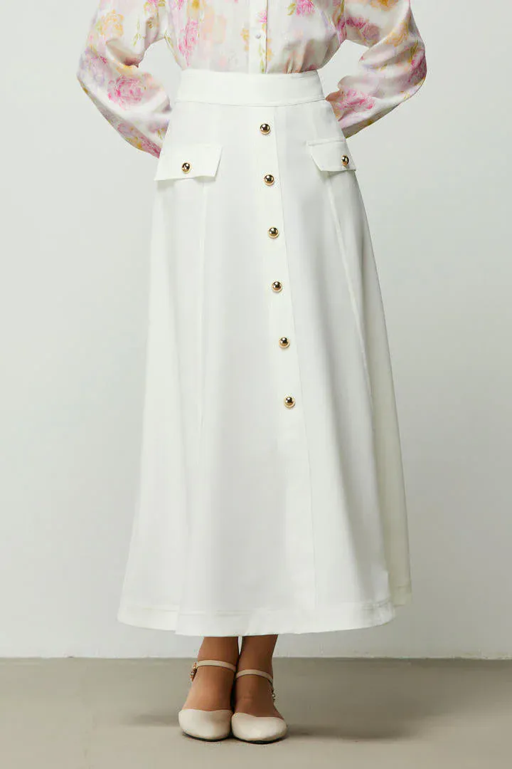 Buttoned Off-White Crepe Skirt - L