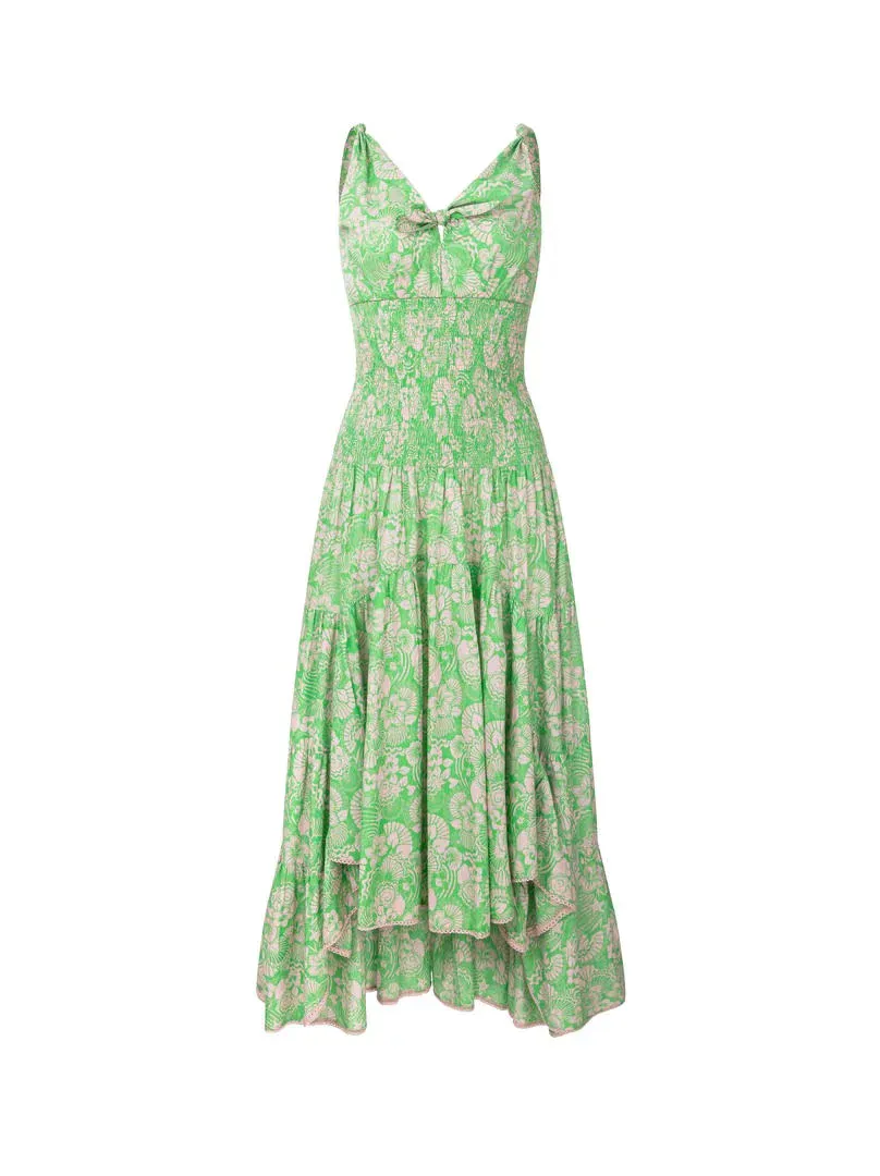 Smocked Print Dress - GREEN & PINK / L