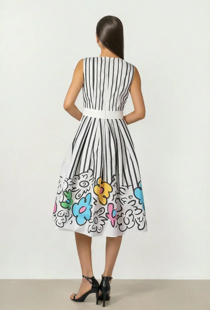 Printed Midi Dress - Off white & Black / L
