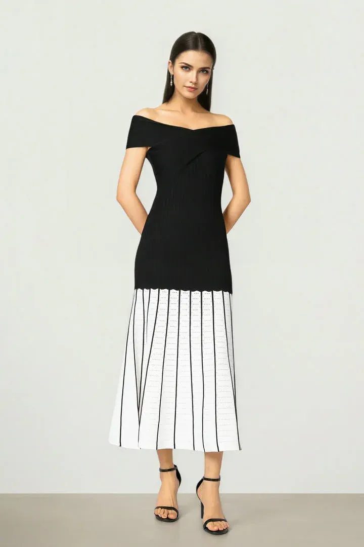 Off Shoulder Dress - black & white / L
