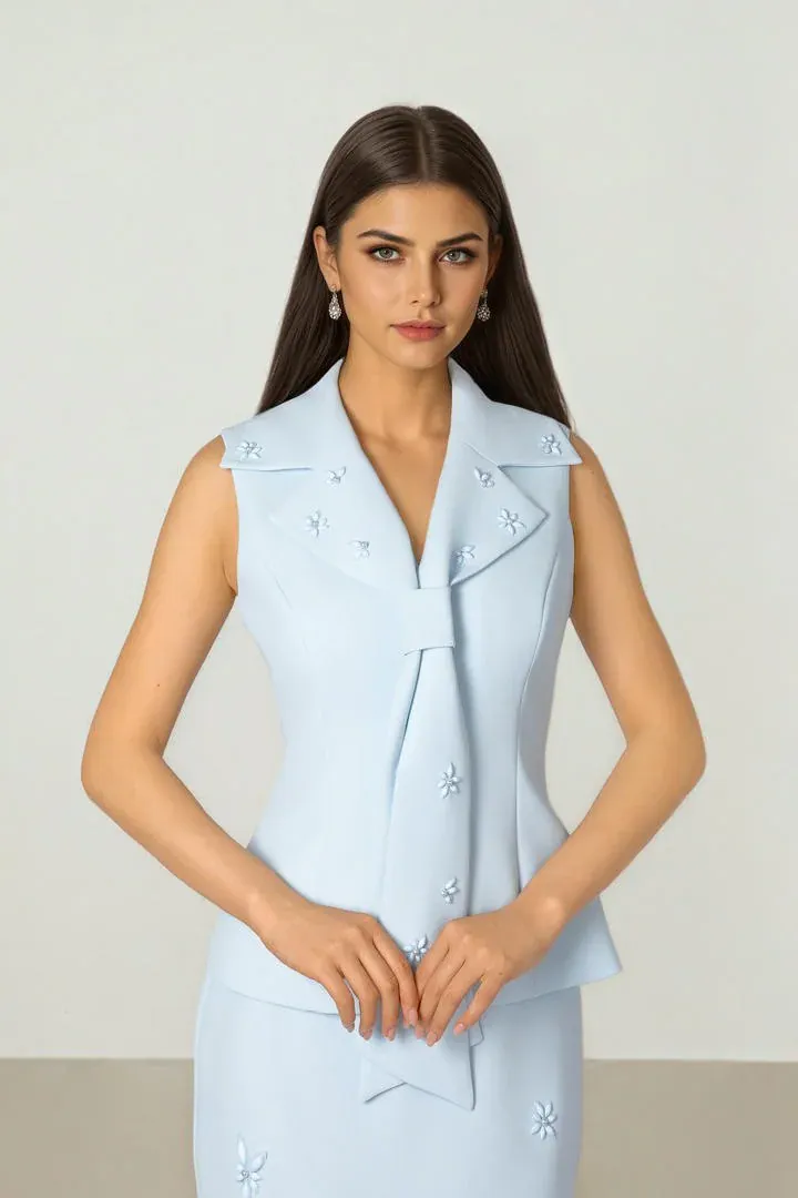 Lapel Tie Top - Light Blue / L