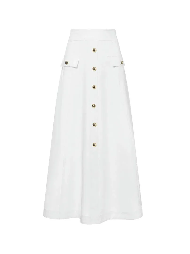 Buttoned Off-White Crepe Skirt - L