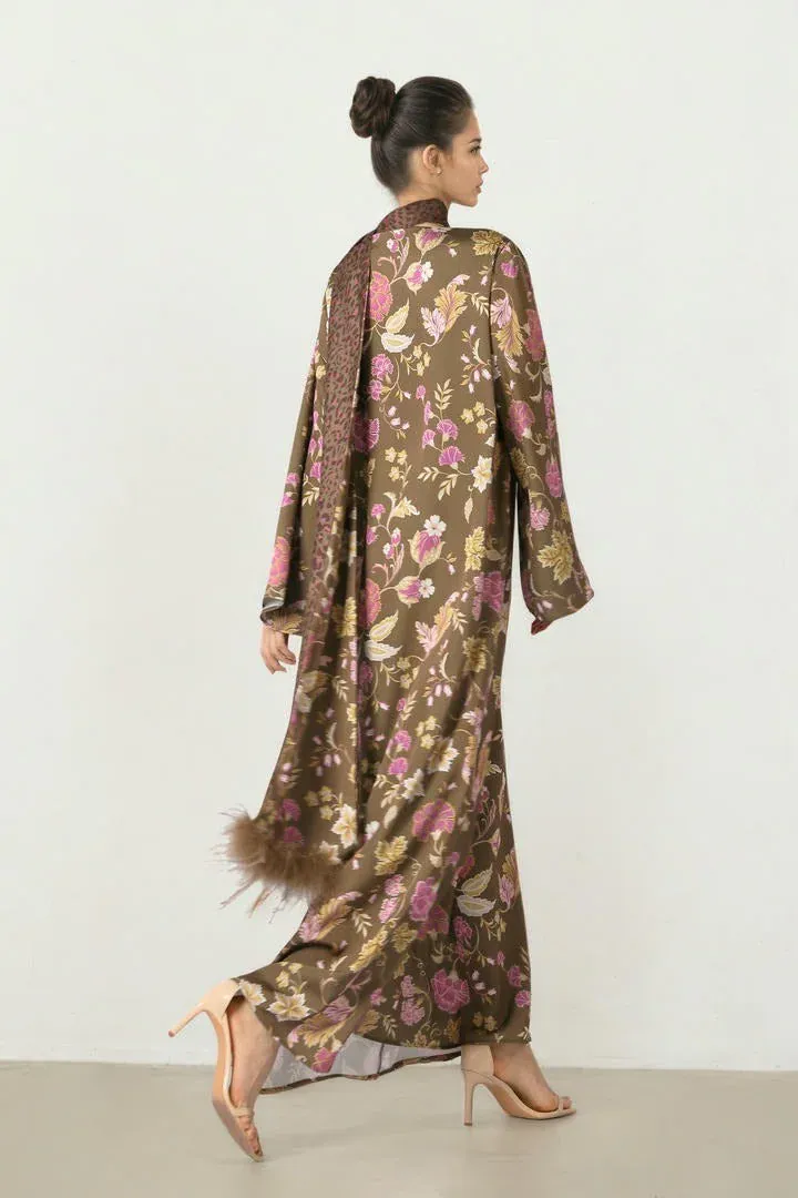 Floral Printed Kaftan - BROWN & GOLD / L