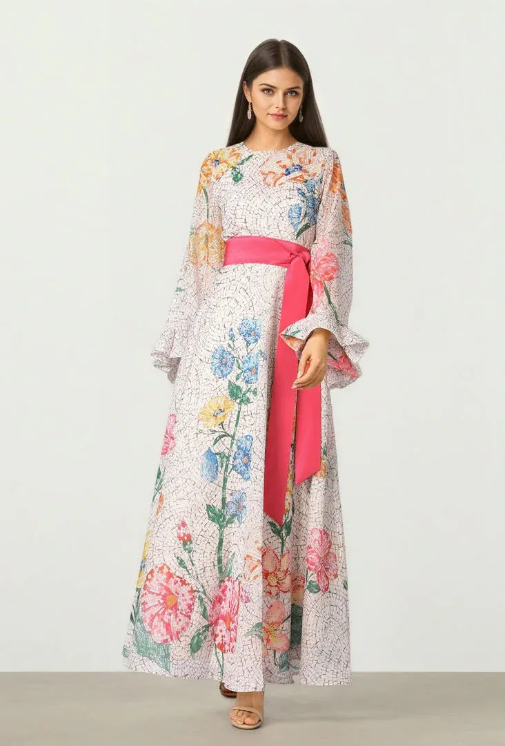 Printed Organza Dress - Beige / L