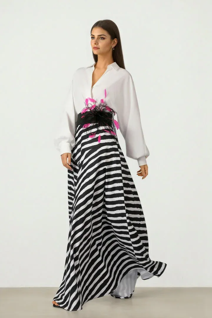 PRINTED LONG SHIRT DRESS - Off white & Black / L