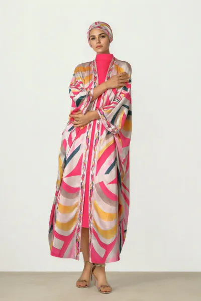 Printed Satin Abaya - Gold & Fuschia / free size