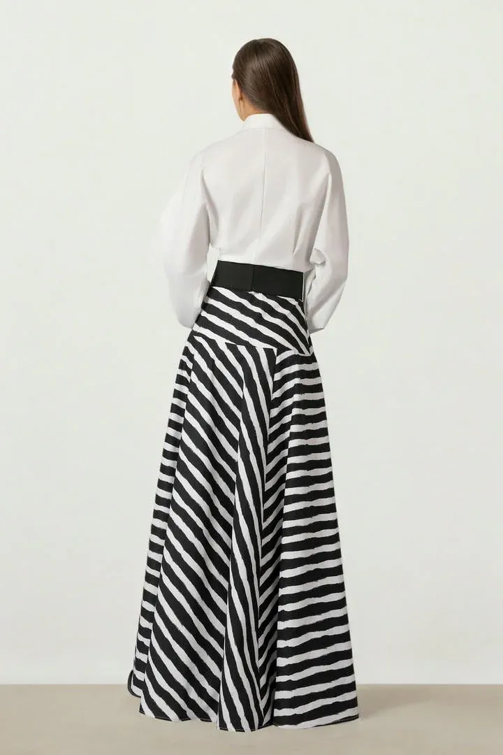 PRINTED LONG SHIRT DRESS - Off white & Black / L
