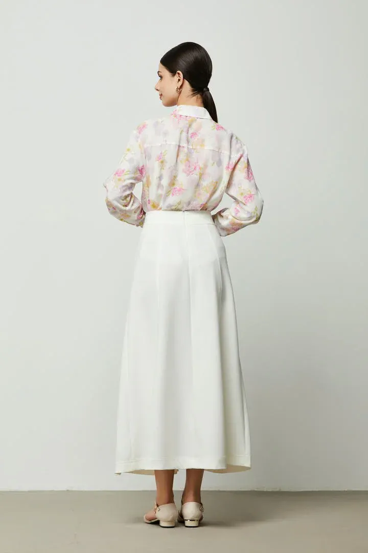 Buttoned Off-White Crepe Skirt - L