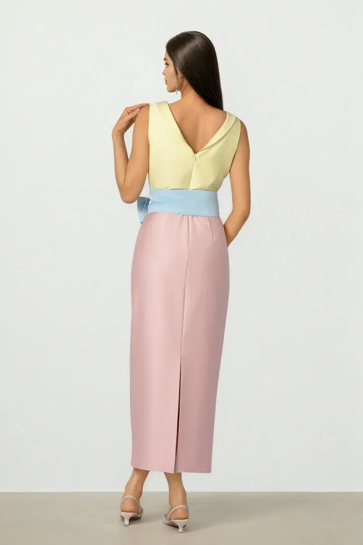 Beaded Tie Dress - Pink & Yellow / L