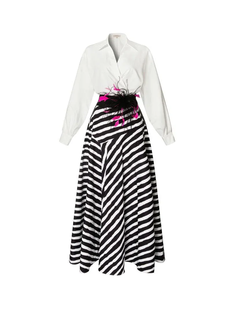 PRINTED LONG SHIRT DRESS - Off white & Black / L